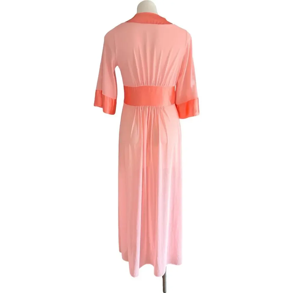 Vintage Gossard Artemis Nylon Peachy Colorblock Robe 1970s Satin Trim Medium